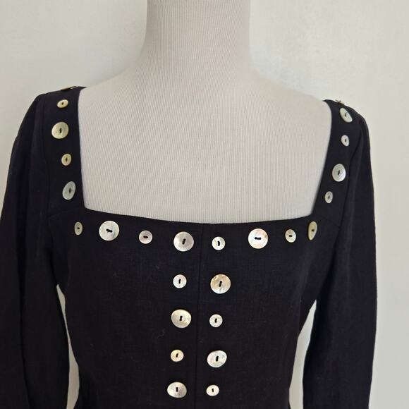 Staud Chiara Dress Linen Black Mother Of Pearl Buttonw Long Sleeve Women 6 - Picture 5 of 13